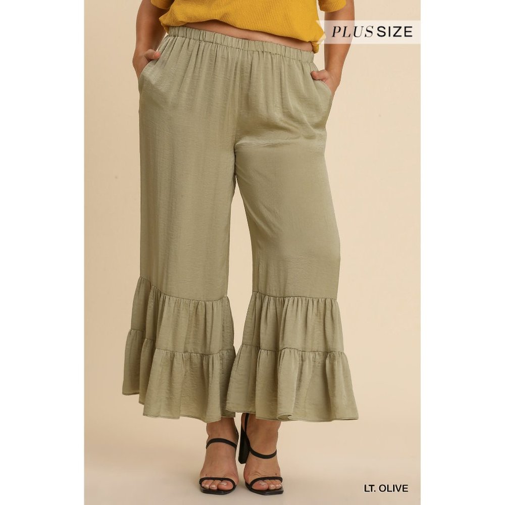 Umgee Plus LT. Olive Matte Charmeuse Wide Ruffle Leg Pockets No Lining Pants
